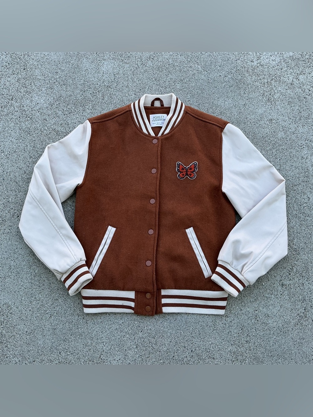Butterfly Patch Varsity Jacket in Brown and Cream